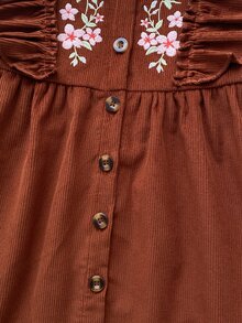 SHEIN 1件女嬰洋裝，春秋森系刺繡休閒可愛套裝裙，適合幼兒家庭拍照、閨蜜裝，棕色花卉 - 棕色 - 查看 5