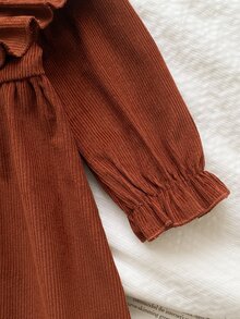 SHEIN 1件女嬰洋裝，春秋森系刺繡休閒可愛套裝裙，適合幼兒家庭拍照、閨蜜裝，棕色花卉 - 棕色 - 查看 6