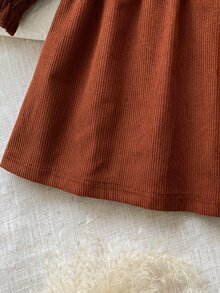 SHEIN 1件女嬰洋裝，春秋森系刺繡休閒可愛套裝裙，適合幼兒家庭拍照、閨蜜裝，棕色花卉 - 棕色 - 查看 7