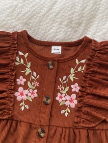 SHEIN 1件女嬰洋裝，春秋森系刺繡休閒可愛套裝裙，適合幼兒家庭拍照、閨蜜裝，棕色花卉 - 棕色 - 查看 4