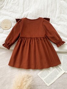 SHEIN 1件女嬰洋裝，春秋森系刺繡休閒可愛套裝裙，適合幼兒家庭拍照、閨蜜裝，棕色花卉 - 棕色 - 查看 3