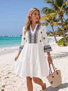 Sylviya Women's Casual Tropical Breezy Vacation Graphic Print Dress Beach Vacation White And Black Autumn Fall Clothes For Women Fall Winter 2026 - Multicolor - View 1