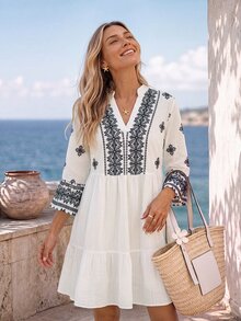 Sylviya Women's Casual Tropical Breezy Vacation Graphic Print Dress Beach Vacation White And Black Autumn Fall Clothes For Women Fall Winter 2026 - Multicolor - View 4