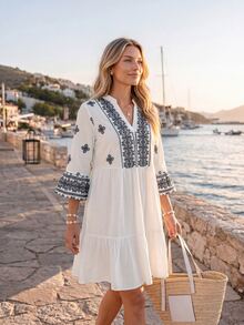 Sylviya Women's Casual Tropical Breezy Vacation Graphic Print Dress Beach Vacation White And Black Autumn Fall Clothes For Women Fall Winter 2026 - Multicolor - View 7