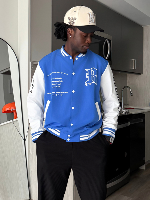 Harrin Don Harrin Don Men Long Sleeve Colorblock Slogan Graphic Striped Trim Varsity Jacket