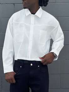 Harrin Don Harrin Don Manfinity Streetrush Men's White Autumn Streetwear City Break Solid Color Patchwork Long Sleeve Shirt,Boxy Fit,Casual Vacation Gift For Him - White - View 4