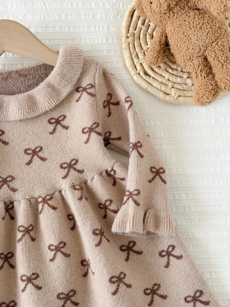 SHEIN Baby Girl Knitted Turn-Down Collar Bow Pattern Long Sleeve Sweater Autumn Dress With Ruffle Trim, Fleece Lined Brushed Thick Style For Winter - Coffee Brown - View 9