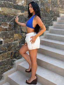 Vassilux 白色编织女士休闲波西米亚风拼色刺绣舒适短裤珠饰带毕业 - 白色 - 查看 4