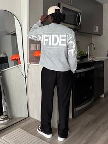 Harrin Don Harrin Don Men's Letter Print Round Neck Casual Loose Long Sleeve T-Shirt Graphic Sweatshirt Grey Oversized Printed - Grey - View 4