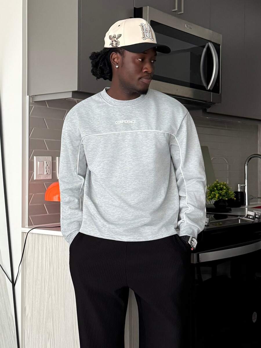 Harrin Don Harrin Don Men's Letter Print Round Neck Casual Loose Long Sleeve T-Shirt Graphic Sweatshirt Grey Oversized Printed - Grey - View 1