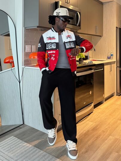 Harrin Don Harrin Don Men's Red And White Stripe Baseball Collar Lightweight Jacket,Autumn Streetwear City Break Racing Letter Printed Color Block Long Sleeve Rave Jacket