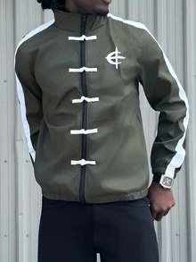 Harrin Don Harrin Don 男士對比圖案印花拉鍊立領長袖美式足球夾克 - 軍綠色 - 查看 5