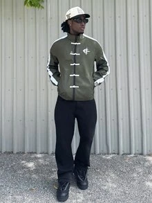 Harrin Don Harrin Don 男士對比圖案印花拉鍊立領長袖美式足球夾克 - 軍綠色 - 查看 1