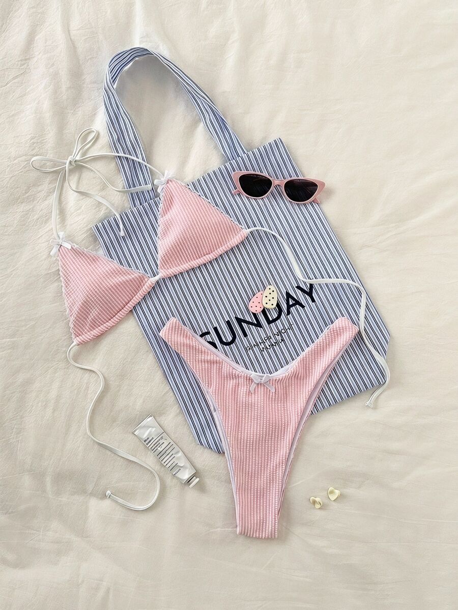 SHEIN Swim 女士甜美条纹印花三角粉色比基尼套装,适合夏季海滩度假 - 淺粉色 - 查看 1