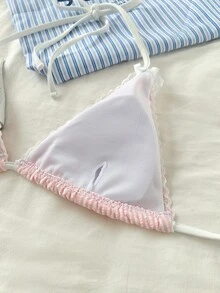 SHEIN Swim 女士甜美条纹印花三角粉色比基尼套装，适合夏季海滩度假 - 淺粉色 - 查看 4