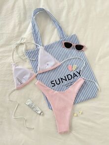 SHEIN Swim 女士甜美条纹印花三角粉色比基尼套装，适合夏季海滩度假 - 淺粉色 - 查看 2