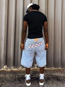 Harrin Don Harrin Don 6 Inch Loose Denim Shorts For Men, Black Denim Shorts With Star Embroidery, Vintage Y2K Street Style, Faux Pocket Back Design - Light Wash - View 2