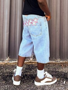 Harrin Don Harrin Don 6 Inch Loose Denim Shorts For Men, Black Denim Shorts With Star Embroidery, Vintage Y2K Street Style, Faux Pocket Back Design - Light Wash - View 4