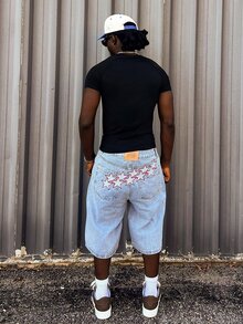 Harrin Don Harrin Don 6 Inch Loose Denim Shorts For Men, Black Denim Shorts With Star Embroidery, Vintage Y2K Street Style, Faux Pocket Back Design - Light Wash - View 3