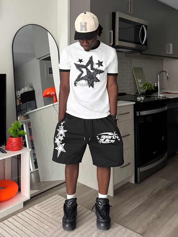 Harrin Don Harrin Don Celana Pendek Pria Hitam dengan Tali Serut | Motif Bintang dan Grafis "Percikan Kehidupan", Gaya Streetwear, Gaya Era 2000-an