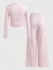 SHEIN Sparklyn 女童秋冬粉色豹紋兩件套，秋季穿搭，秋季上衣，度假穿搭，休閒舒適 - 粉色 - 查看 2