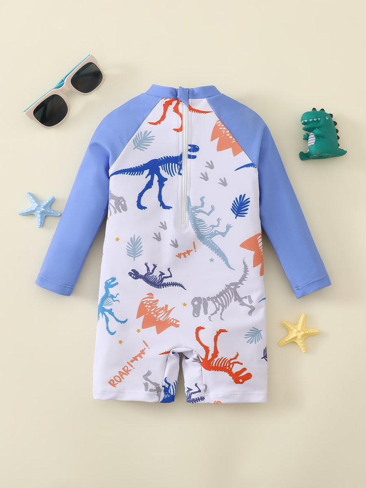 SHEIN Baby Boy/Baby Boy Cute Dinosaur Pattern Color Block Long Sleeve One-Piece Swimsuit,Suitable For Vacation,Beach,Surfing,Swimwear, - Blue - View 2