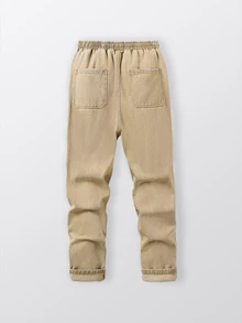 SHEIN Explorewe 青少年男孩復古工裝寬鬆學院風全鬆緊腰寬版休閒舒適水洗白色丹寧錐形長褲，適合夏秋冬 - 卡其色 - 查看 3