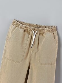 SHEIN Explorewe 青少年男孩復古工裝寬鬆學院風全鬆緊腰寬版休閒舒適水洗白色丹寧錐形長褲，適合夏秋冬 - 卡其色 - 查看 5