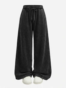 SHEIN 青少年女孩休閒日常百搭舒適中腰寬腿運動長褲 - 黑色 - 查看 3