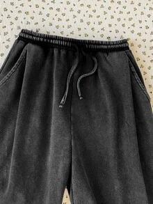 SHEIN 青少年女孩休閒日常百搭舒適中腰寬腿運動長褲 - 黑色 - 查看 10