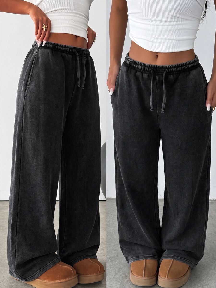 SHEIN Tween Girl Casual Everyday Versatile Comfortable Mid-Waist Wide Leg Sweatpants - Black - View 1