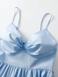 GlowEve 女士浪漫优雅纯色胸前褶皱腰部吊带长裙，夏季 - 藍色 - 查看 7