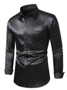 Kemeja Manfinity Mode menampilkan kilau satin hitam klasik, yang secara sempurna mewujudkan kesan bersahaja. - Hitam - View 4