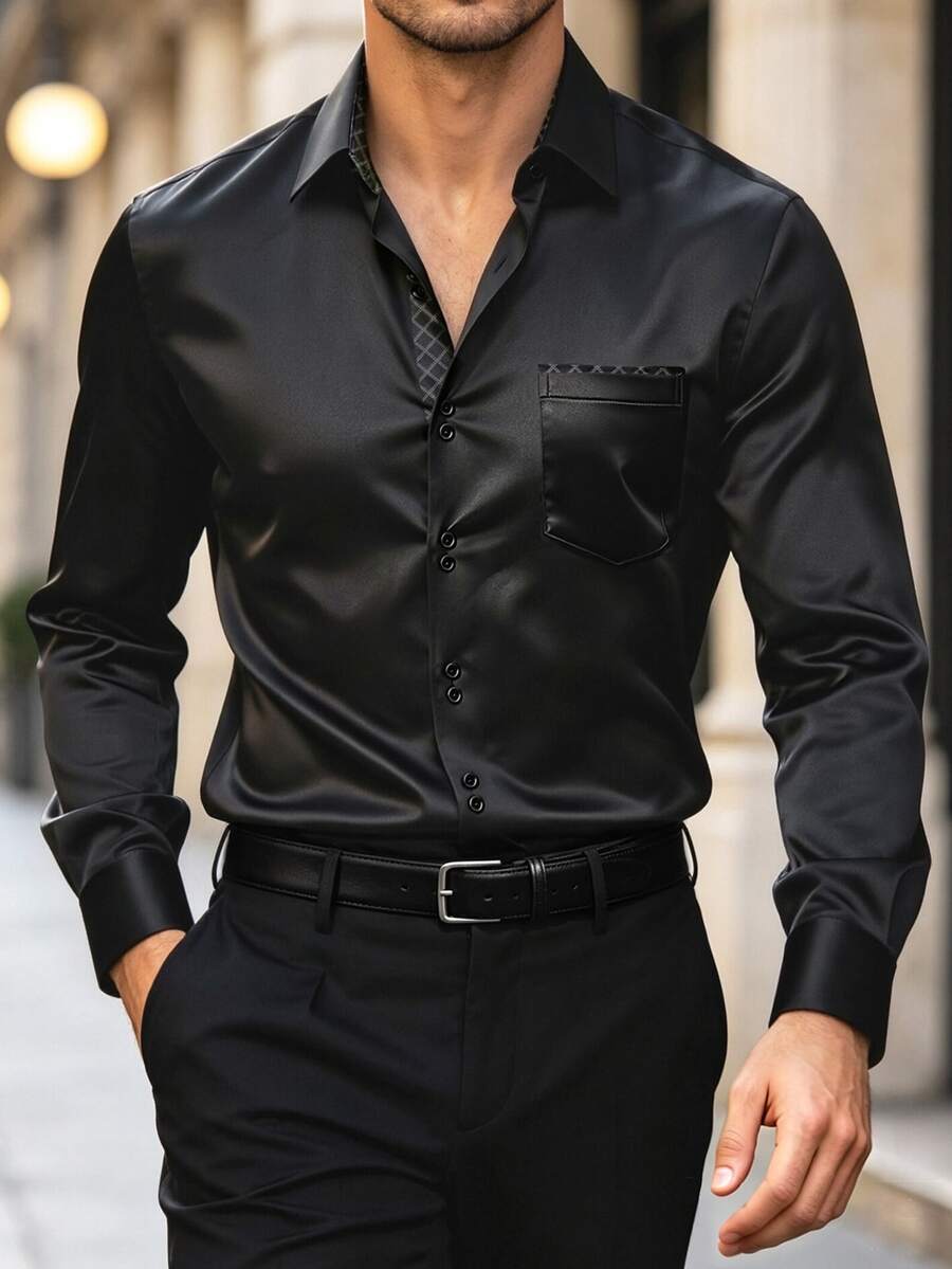 Kemeja Manfinity Mode menampilkan kilau satin hitam klasik, yang secara sempurna mewujudkan kesan bersahaja. - Hitam - View 1