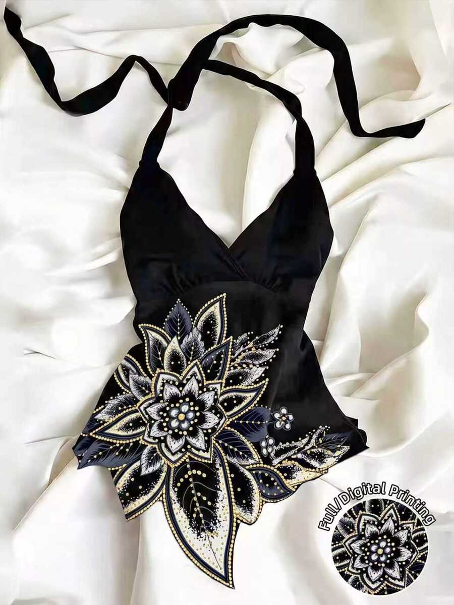 Franclia 大尺碼女款花卉印花度假法式掛脖繫帶上衣，黑色夏季性感約會穿搭 - 彩色 - 查看 1