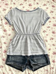 IslaSuriya Plus Size Women's Korean Style Versatile Button Pleated Striped Top - Multicolor - View 2