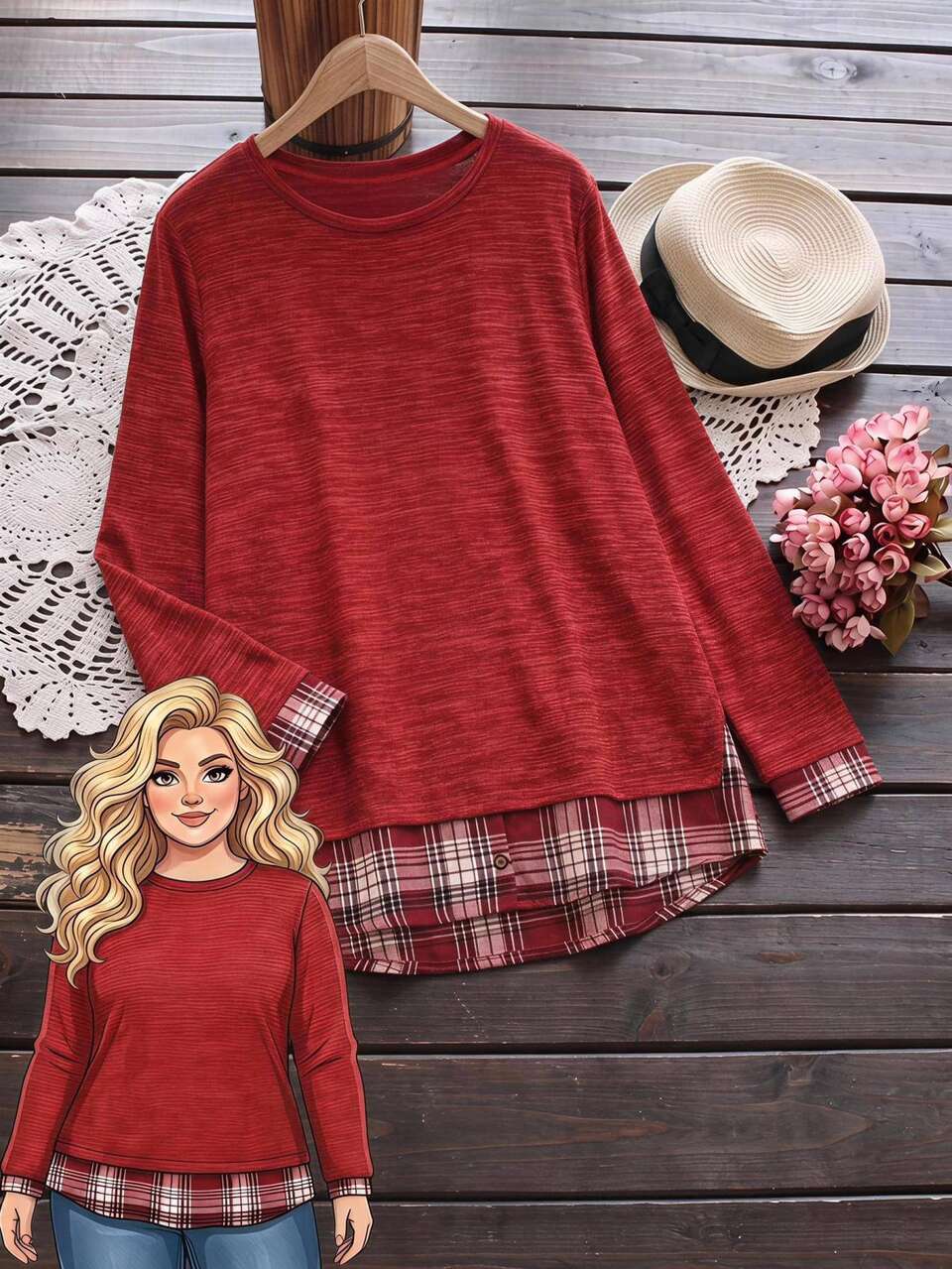 Plus Size Autumn Casual Plaid Patchwork Sweatshirt Fall