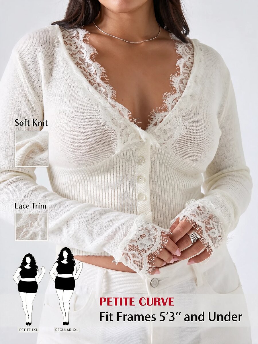 SHEIN PETITE CURVE Plus Size Fitted V-Neck Lace Patchwork Knit Cardigan - White - View 1