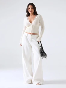SHEIN PETITE CURVE Plus Size Fitted V-Neck Lace Patchwork Knit Cardigan - White - View 9