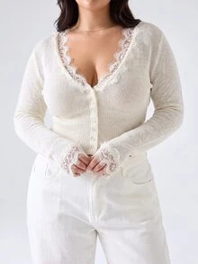 SHEIN PETITE CURVE Plus Size Fitted V-Neck Lace Patchwork Knit Cardigan - White - View 3