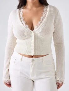 SHEIN PETITE CURVE Plus Size Fitted V-Neck Lace Patchwork Knit Cardigan - White - View 7