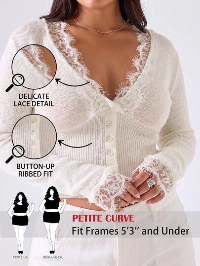 SHEIN PETITE CURVE Plus Size Fitted V-Neck Lace Patchwork Knit Cardigan