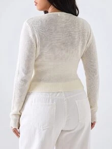 SHEIN PETITE CURVE Plus Size Fitted V-Neck Lace Patchwork Knit Cardigan - White - View 6