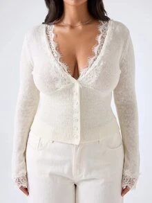 SHEIN PETITE CURVE Plus Size Fitted V-Neck Lace Patchwork Knit Cardigan - White - View 5
