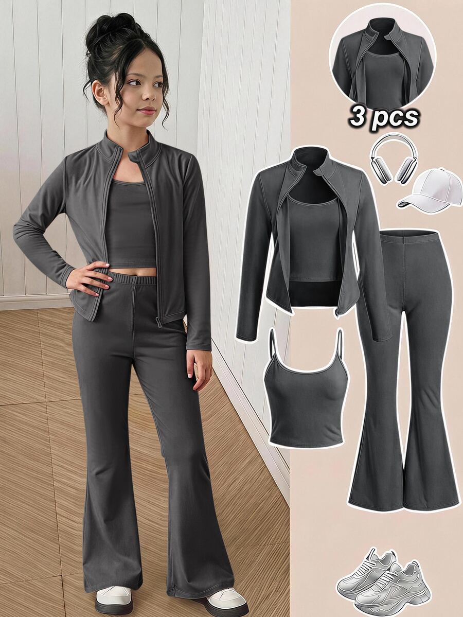 SHEIN Setelan Luar Ruangan Kasual untuk Anak Perempuan Usia 8-12 Tahun, Atasan Lengan Panjang dan Celana Panjang 3 Potong, Musim Gugur/Dingin - Grey - View 1