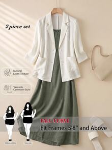 SHEIN Tall CURVE Plus Size Women Solid Color Lapel Neck 3/4 Sleeve Jacket And Cami Dress Casual 2 Pieces Set Fall - Multicolor - View 2