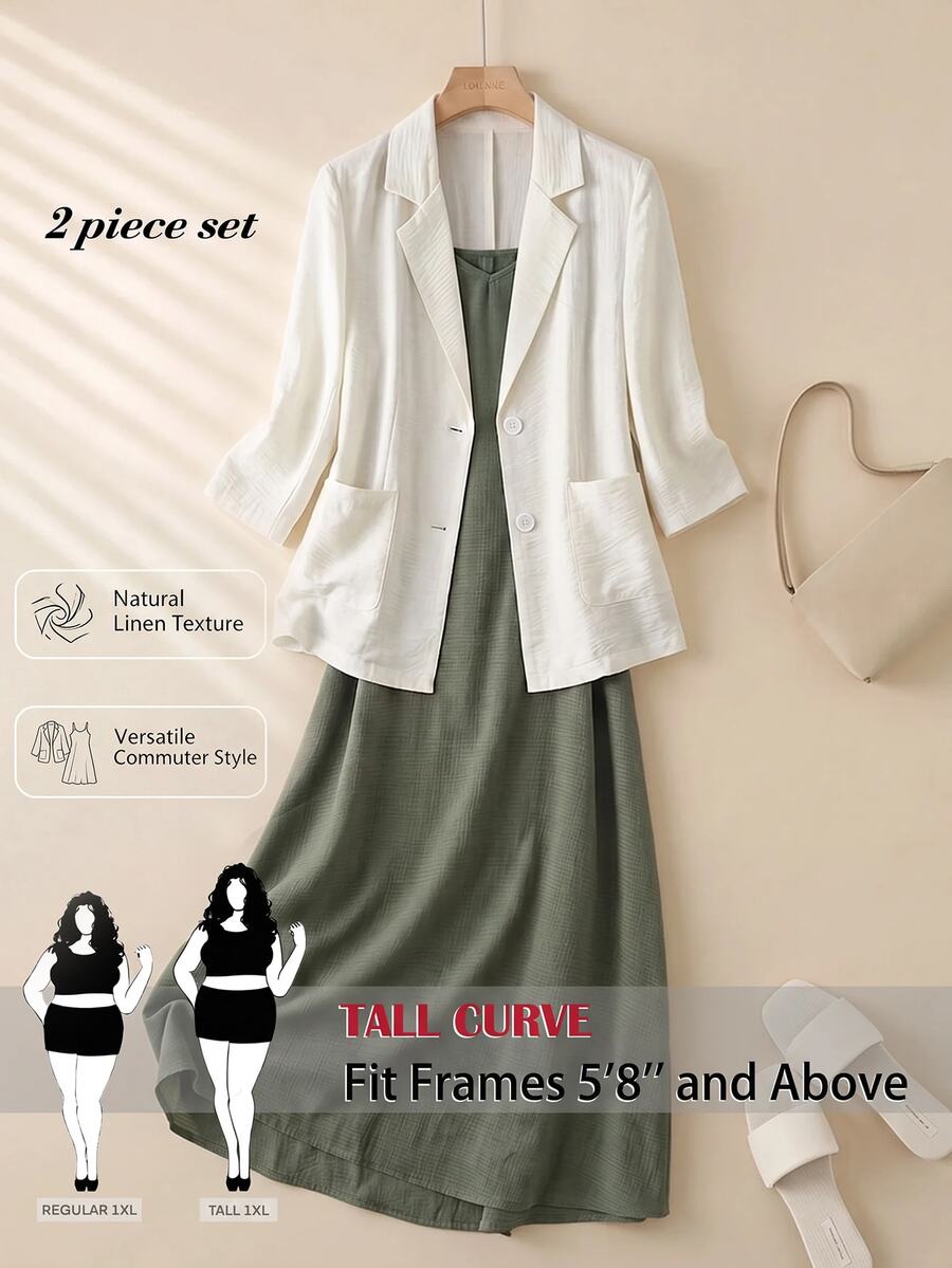 SHEIN Tall CURVE Plus Size Women Solid Color Lapel Neck 3/4 Sleeve Jacket And Cami Dress Casual 2 Pieces Set Fall - Multicolor - View 1