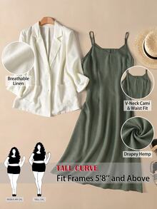 SHEIN Tall CURVE Plus Size Women Solid Color Lapel Neck 3/4 Sleeve Jacket And Cami Dress Casual 2 Pieces Set Fall - Multicolor - View 10