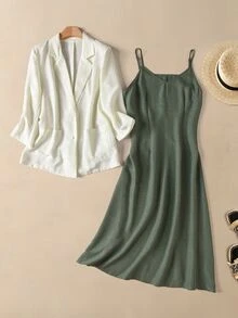 SHEIN Tall CURVE Plus Size Women Solid Color Lapel Neck 3/4 Sleeve Jacket And Cami Dress Casual 2 Pieces Set Fall - Multicolor - View 5
