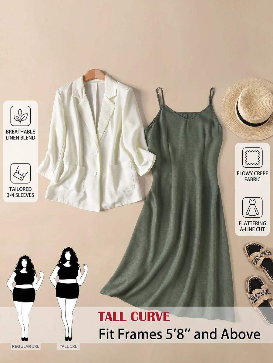 SHEIN Tall CURVE Plus Size Women Solid Color Lapel Neck 3/4 Sleeve Jacket And Cami Dress Casual 2 Pieces Set Fall - Multicolor - View 1